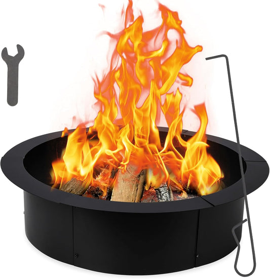 30 Inch Round Fire Pit Ring Insert for Outside Wood Burning, 36 Inch Outer Large Solid Steel Firepit Liner for Above In-Ground Outdoor DIY Camping Garden Patio Backyard