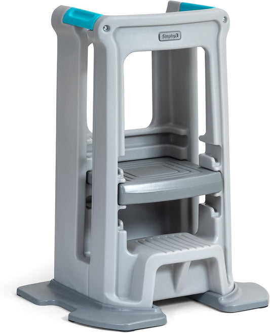 Simplay3 Toddler Tower Montessori Standing Kitchen Step Stool with Sturdy Stabilizing Base and Adjustable Platform, 20.5" D x 26" W x 34.5" H, Ages 18 Months to 5 Years, Gray