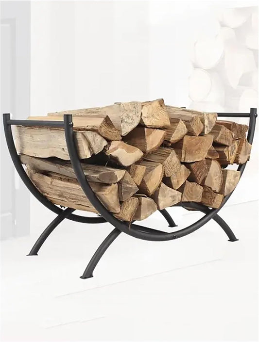 Semicircle Log Store Rack Indoor, Black Small Firewood Rack Holder for Outdoor Fireplace, for Farmhouse Deck Patio Wood Shed Porch