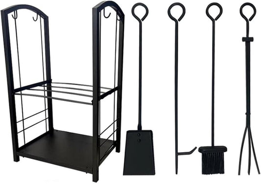 Indoor Outdoor Fireplace Tools Set, Heavy Duty Fire Log Holder Storage Kit with Poker Shovel Tongs Brush, Wrought Iron Firewood Storage Rack