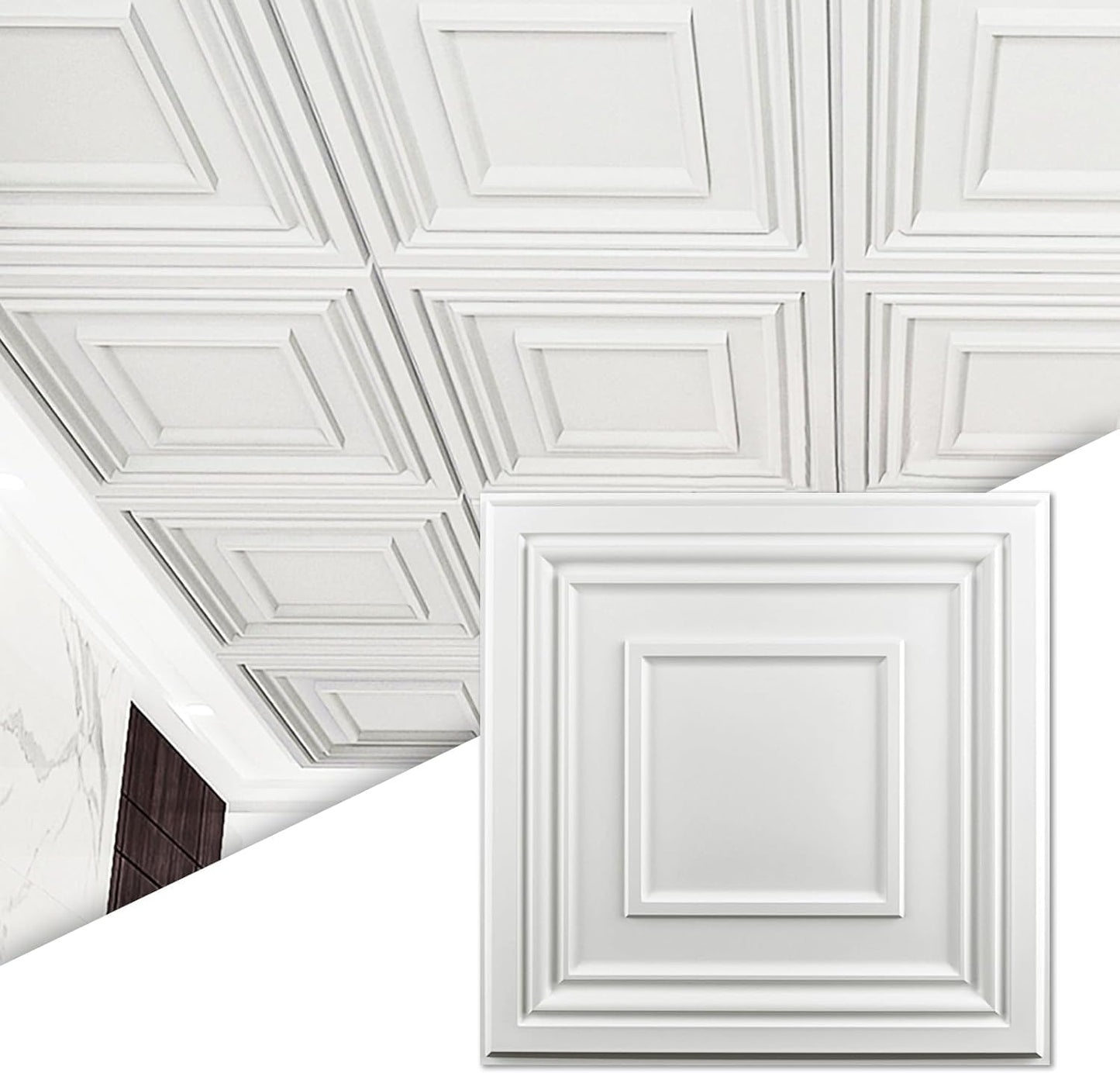 Art3d Drop Ceiling Tiles 24x24 Inch (12-Pack, 48 Sq.ft) \u2013 Glue Up PVC Ceiling Tiles 2x2 Ft., Decorative Ceiling Panels for Kitchen, Living Room, Office and Home, White