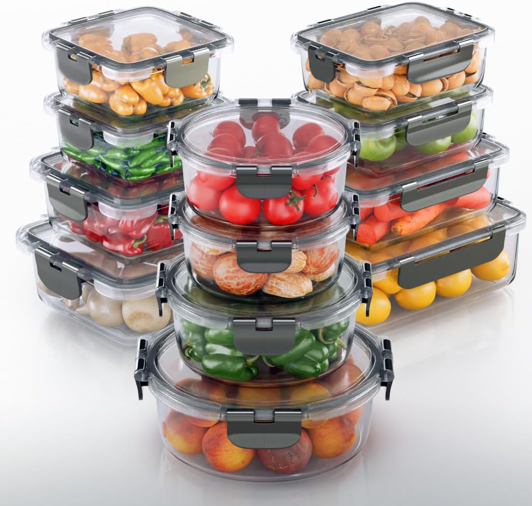 KITCHEN SHOPPE 24-Piece Glass Food Storage Containers with Hinged Lock Lids | Airtight Containers for Meal Prep, Lunch or Leftovers | Oven\/Freezer & Dishwasher Safe | Glass Tupperware Set