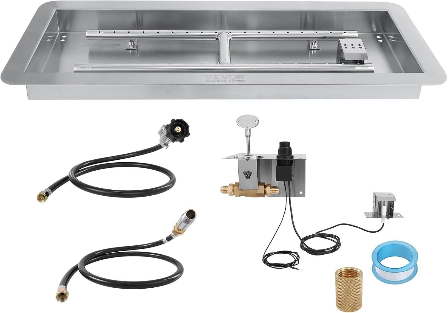 VEVOR 24 x 8 inch Drop-in Fire Pit Pan, Rectangular Stainless Steel Fire Pit Burner Kit, Propane Gas Fire Pan 120,000 BTU with H-Burner for Indoor or Outdoor Use