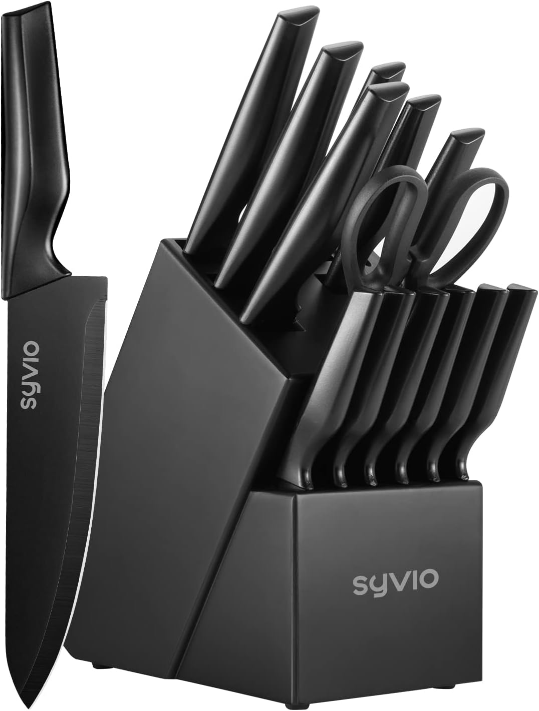 syvio Block Knife Set, 15 Pcs Kitchen Knife Set with Block and Sharpener, with Heavy Poultry Shears and 6pcs Serrated Steak Knives Razor-Sharp, Stainless Steel, Lightweight, Anti-Slip Handle