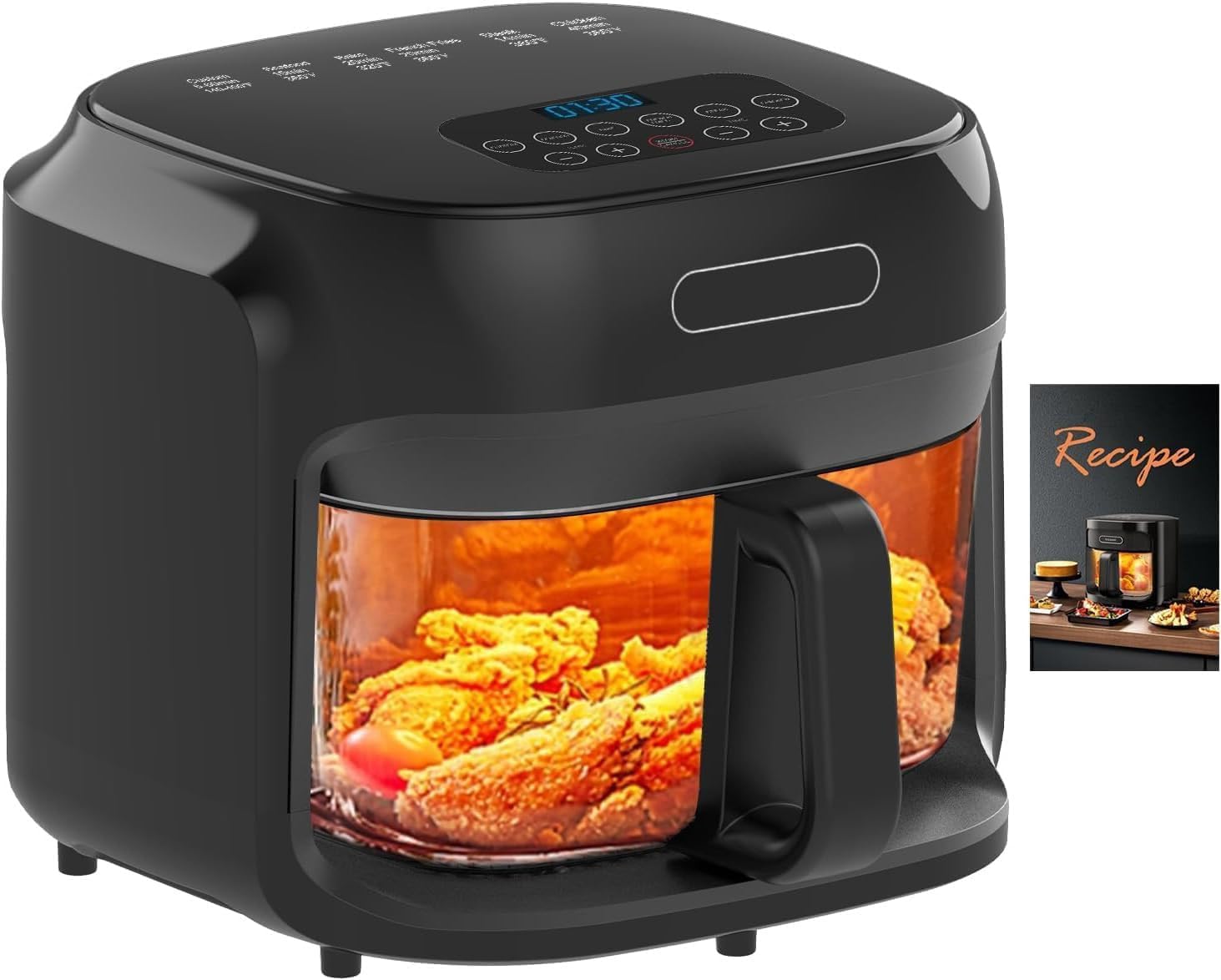 Glass Air Fryer, 7.8QT with Transparent Fry Bowl, Circulating Heating, Temperature Control, Air Fryer Roast, Dishwasher Safe (Black)
