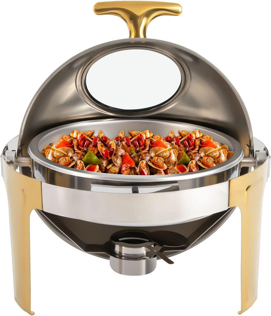 Roll Top Hot Pot Buffet Set Gold Decor, Buffet Waiter and Warmer Set Heating Tray, 6.3 Round Stainless Steel with Glass Window, Suitable for Weddings/Parties/Banquets and Events