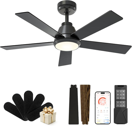 CubiCubi Ceiling Fan, 42" Black Ceiling Fans with Lights and Remote\/APP Control, Quiet, 3000-6500K Dimmable, Modern Ceiling Fan with Light for Bedroom, Living Room, Kitchen, Indoor&Outdoor ETL Listed