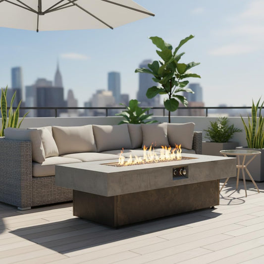 Zolyndo Propane Fire Pit Table, 55 Inch Firepits for Outside, Rectangle Gas Fire Pits for Outside Patio, Deck, Backyard, Pool, 50000BTU, Free Waterproof Cover, Tank Not Included, Brown+Gray