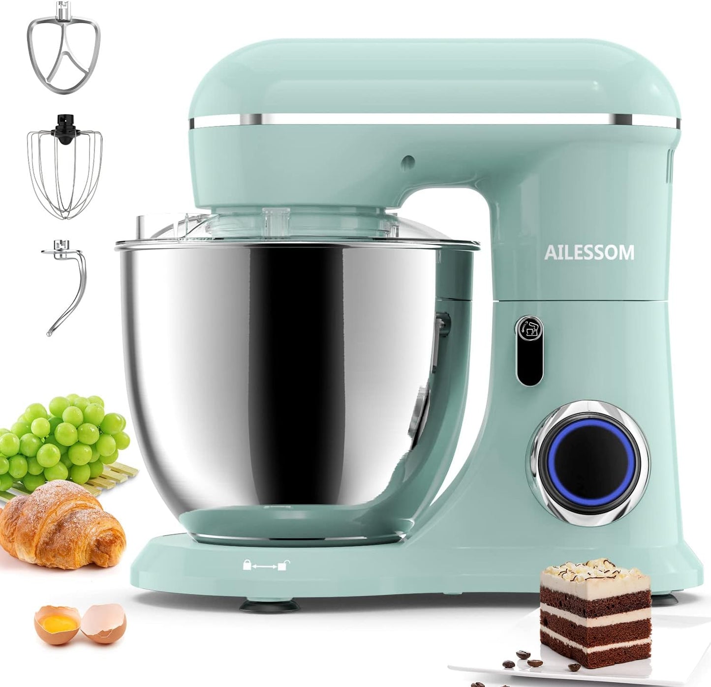 Ailessom Stand Mixer,6.5-QT 660W 10-Speed Tilt-Head Food Mixer, Kitchen Electric Mixer with Bowl, Dough Hook, Beater, Whisk for Most Home Cooks, (6.5QT, Agave Green）, 1533P