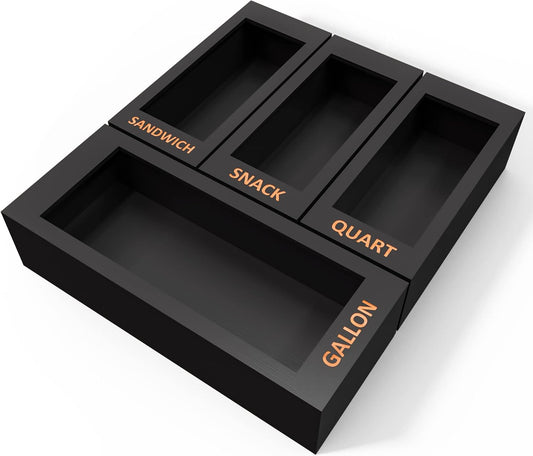 DALSHABET Bamboo Storage Bag Organizer for Kitchen Drawer, 4 Separate Food Storage Bag Organizer, 12x14 Baggie Organizer Dispenser for All Brands Gallon, Snack, Sandwich & Quart Slider Bags Black