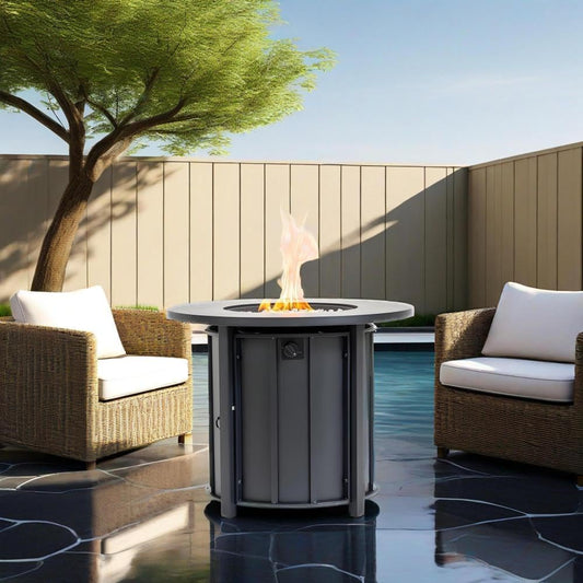 30 Inch Round Propane Fire Pit Table with Wood Grain Ceramic Top and Stainless Steel Burner for Patio, Backyard, Garden