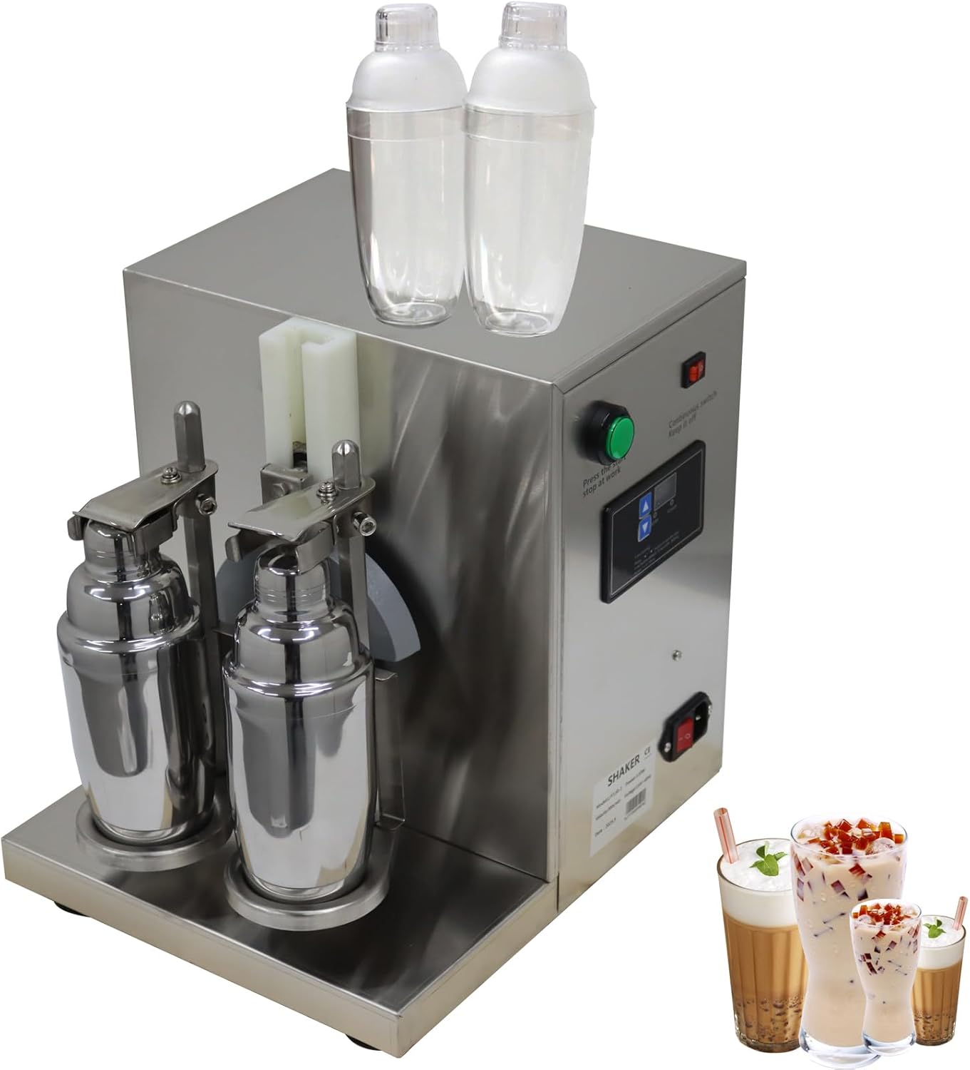 Double-cup Auto Milk Tea Shaker Shaking Machine Stainless Steel Double Head Milk Shaker Milk Mixer Blender with 2pcs 750ml Stainless Steel Cups and 2pcs 700ml Transparent Cups 110V 120W