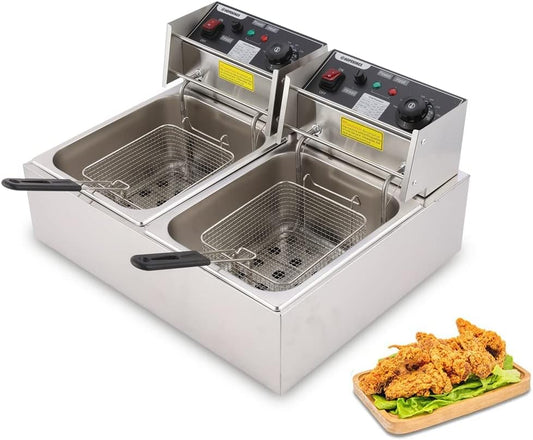 Double Deep Fryer Thickened Cylinder Electric Deep Fryer 2 Baskets, Stainless Steel Chicken Chips Fryer for French Fries Home Kitchen Restaurant Countertop Food Cooking, 12.7QT/12L 3600W MAX Silver