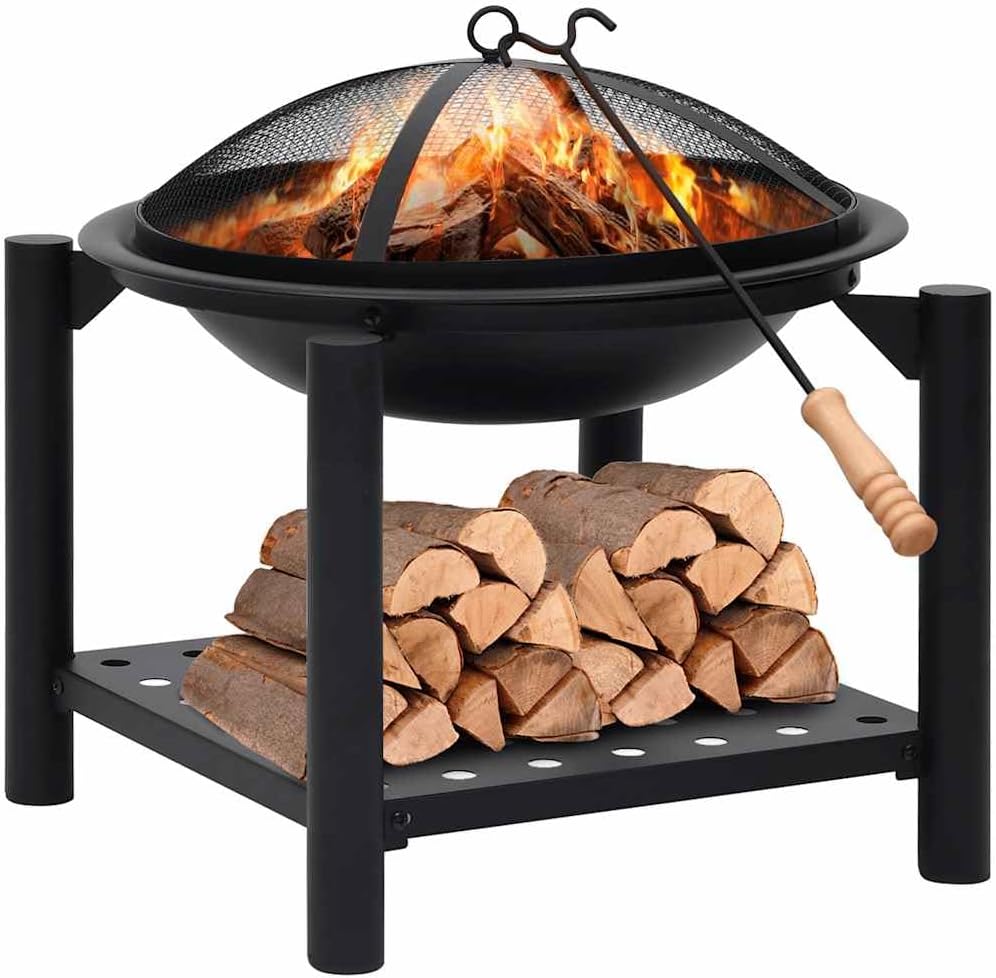 Fire Pit with Poker, 21.3"x21.3"x21.7" Steel Outdoor Firepit, Large Bowl, Mesh Cover, Shelf for Wood Storage, Patio Backyard Bonfire