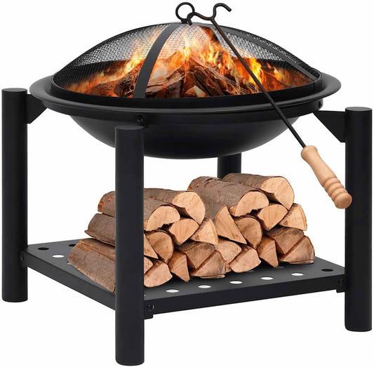 Fire Pit with Poker, 21.3"x21.3"x21.7" Steel Outdoor Firepit, Large Bowl, Mesh Cover, Shelf for Wood Storage, Patio Backyard Bonfire