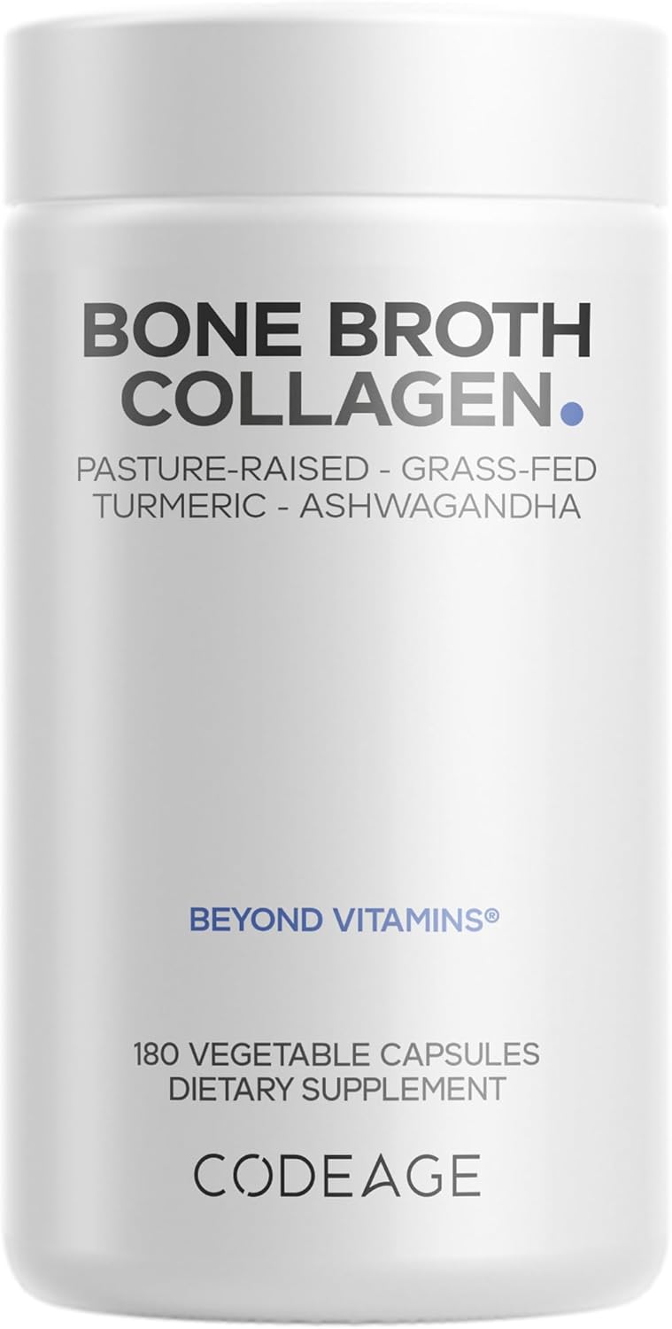 Codeage Organic Bone Broth Collagen Peptides Capsules Supplement, Bone Broth Grass Fed Beef, Free-Range Chicken, Turmeric & Ashwagandha - Collagen Types I, II, III - Non-GMO - 180 Capsules