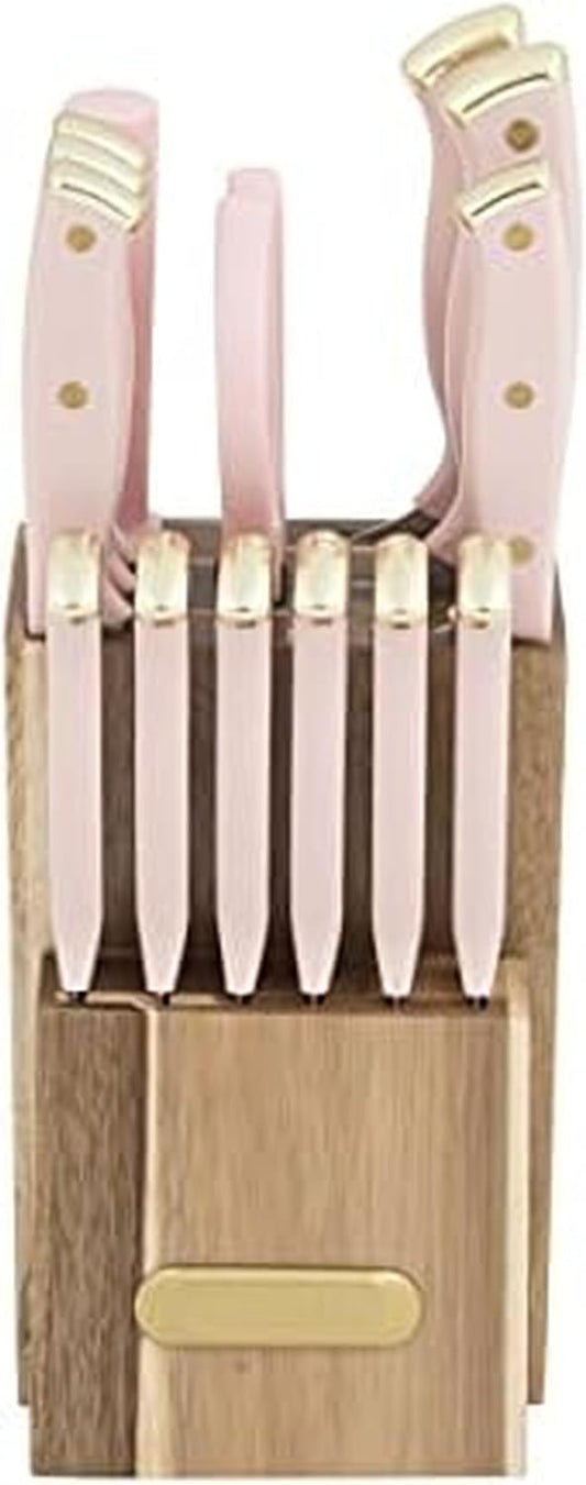 Farberware 15-Piece Triple Riveted Acacia Knife Block Set, High Carbon-Stainless Steel Kitchen Knives with Ergonomic Handles, Razor-Sharp Knife Set, Pink and Gold