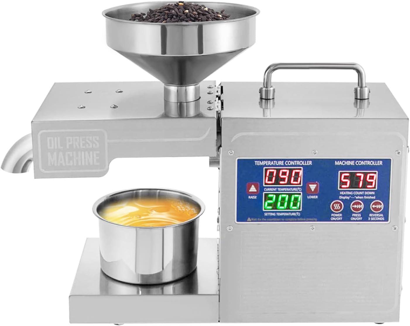 Stainless Steel Oil Press Machine, Cold & Hot Press Oil Extractor with 820W Motor, 360° Heating, 6.61-13.22 LBS/H Capacity, Smart Temperature Control for Home Use Nuts Seeds Peanut Sesame Sunflower