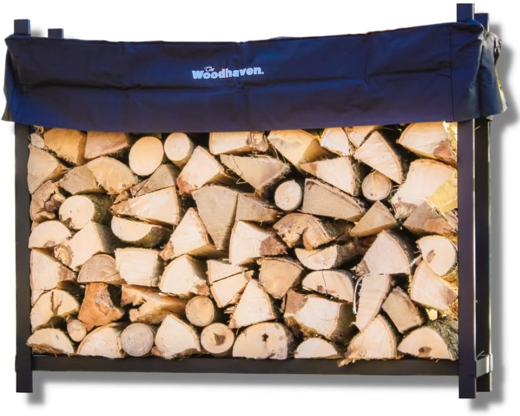 Woodhaven 5 Foot Black - Made in the USA - 1\/4 Cord Plus Firewood Storage Log Rack With Seasoning Cover Combo Set - Indoor Outdoor - Metal Firewood Rack - Heavy Duty