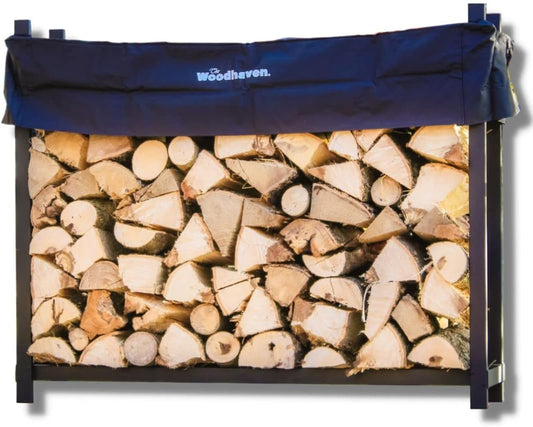Woodhaven 5 Foot Black - Made in the USA - 1\/4 Cord Plus Firewood Storage Log Rack With Seasoning Cover Combo Set - Indoor Outdoor - Metal Firewood Rack - Heavy Duty