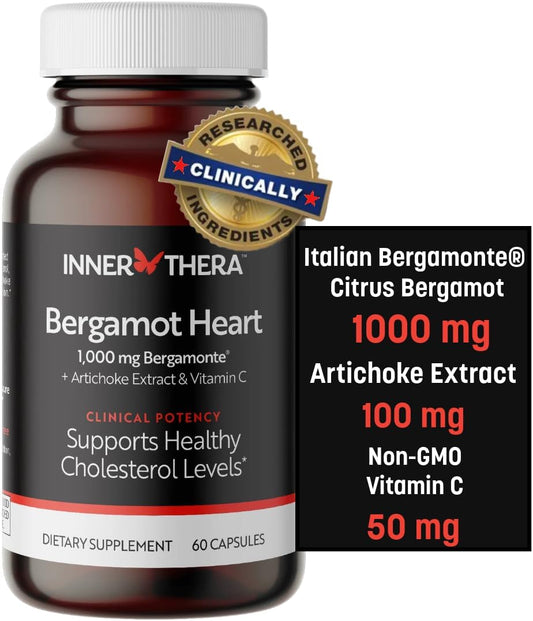 INNERTHERA Bergamot Heart -1000mg Certified Citrus Bergamot - Extra Strength Polyphenols - Cardiologist Developed & Clinically Proven - Bergamot Supplement for High Cholesterol & Heart Health