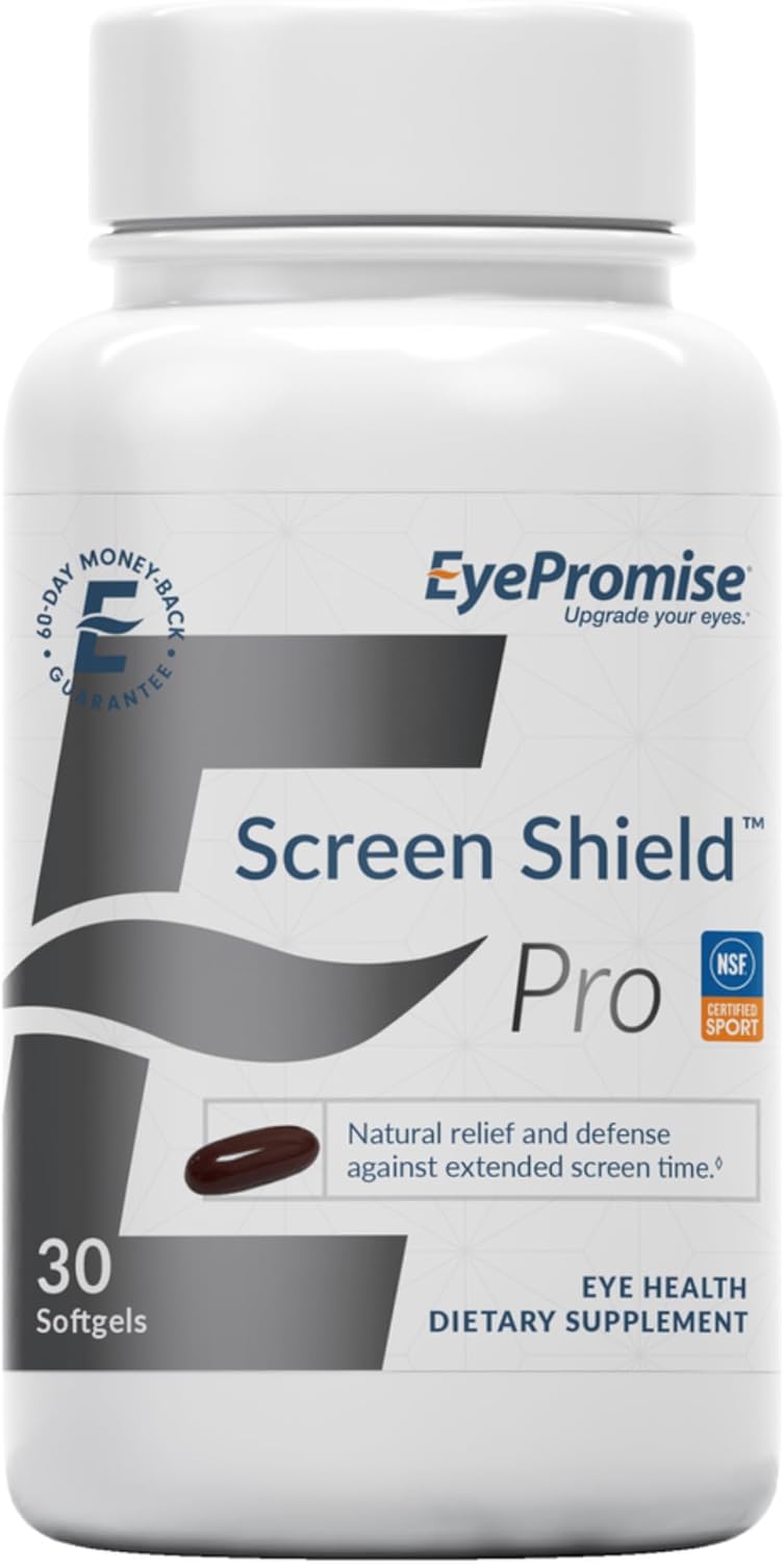 EyePromise Screen Shield All-in-One Eye Vitamin | Omega–3 Fish Oil, Bilberry, Lutein, Zeaxanthin, Vitamins A, C, B12, Zinc | 30 Count, Easy-Swallow Softgel Capsules