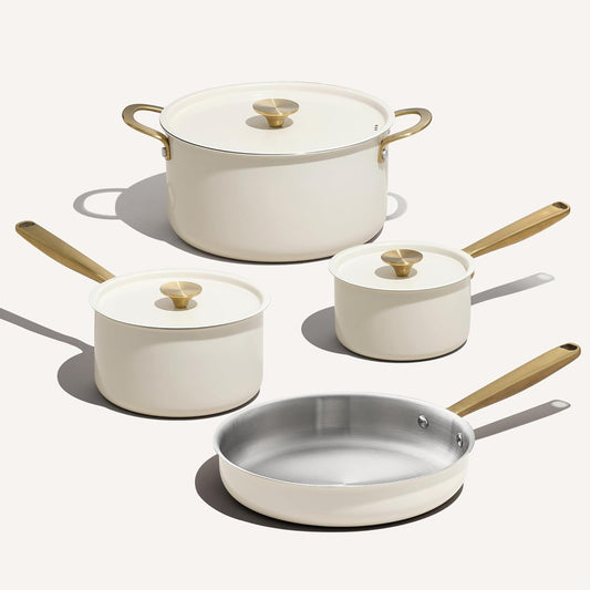 CAROTE 7pcs Tri-Ply Stainless Steel Cookware Set, Pots and Pans Set, Non Stick Induction Kitchen Cooking Sets, Outer Ceramic Layer, Nonstick Cookware Collection, Cream White