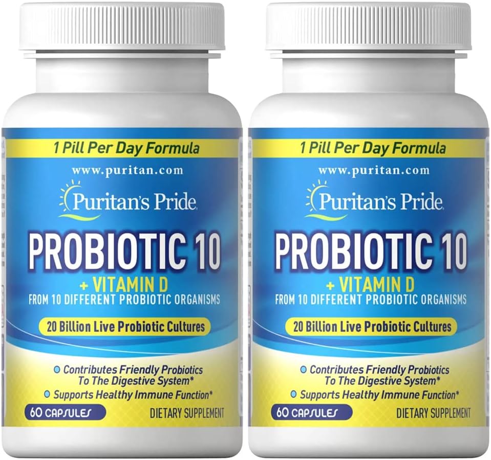 Puritan's Pride Probiotic 10 with Vitamin D, 60 Capsules (Pack of 2)