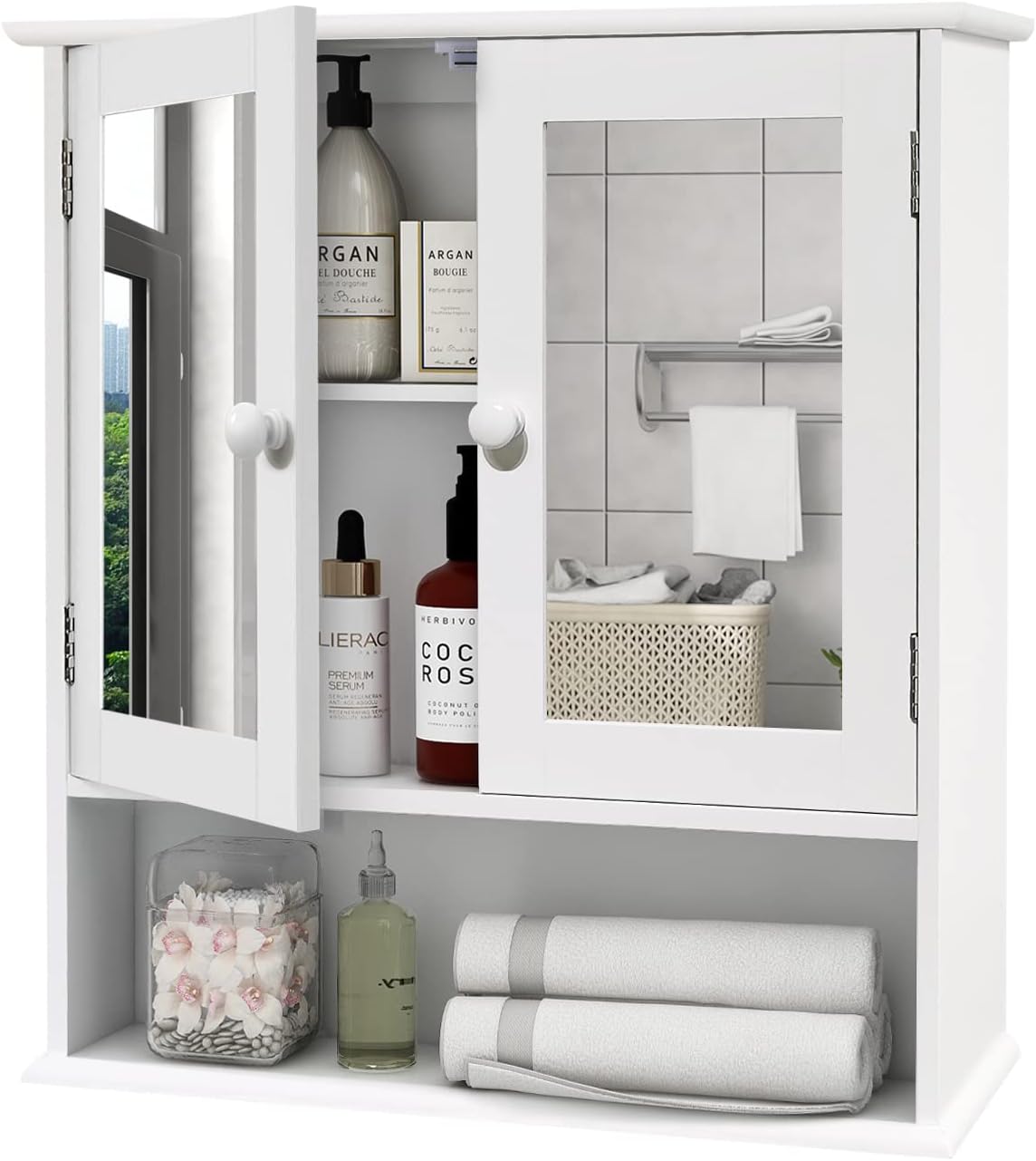 TaoHFE Medicine Cabinet, Medicine Cabinets for Bathroom with Mirror 2 Doors 3 Open Shelf, Bathroom Cabinet Wall Mounted Wooden Storage Over Toilet Laundry Room Kitchen