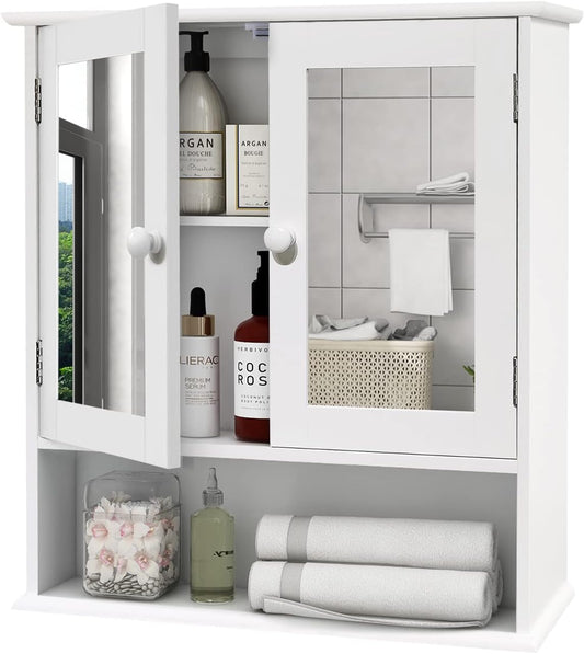 TaoHFE Medicine Cabinet, Medicine Cabinets for Bathroom with Mirror 2 Doors 3 Open Shelf, Bathroom Cabinet Wall Mounted Wooden Storage Over Toilet Laundry Room Kitchen