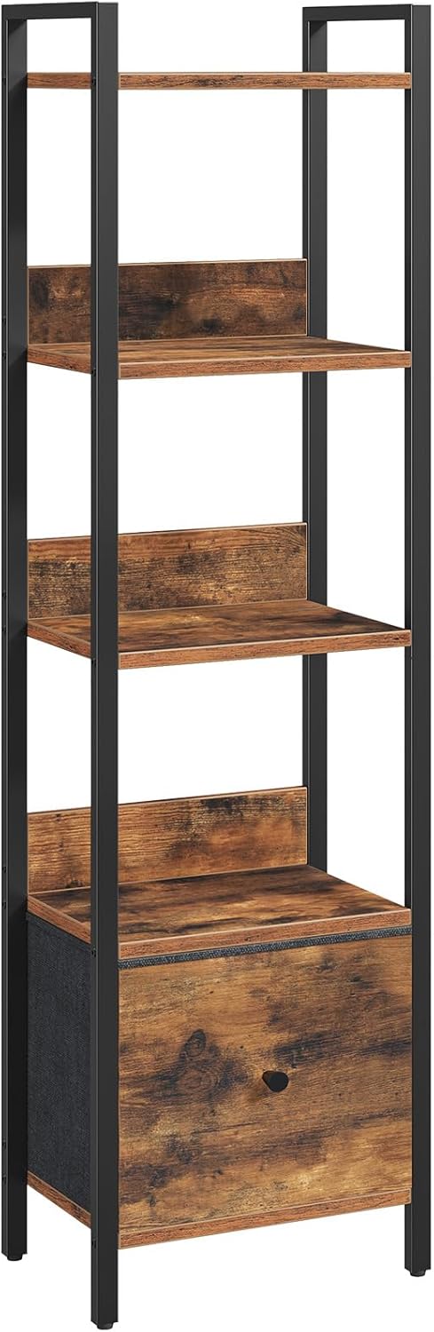MAHANCRIS Bookshelf, 5-Tier Bookcase with Drawer, Small Book Shelf for Small Space, Storage Shelf Organizer, for Living Room, Bedroom, Study, Kitchen, Rustic Brown and Black BKHR55101