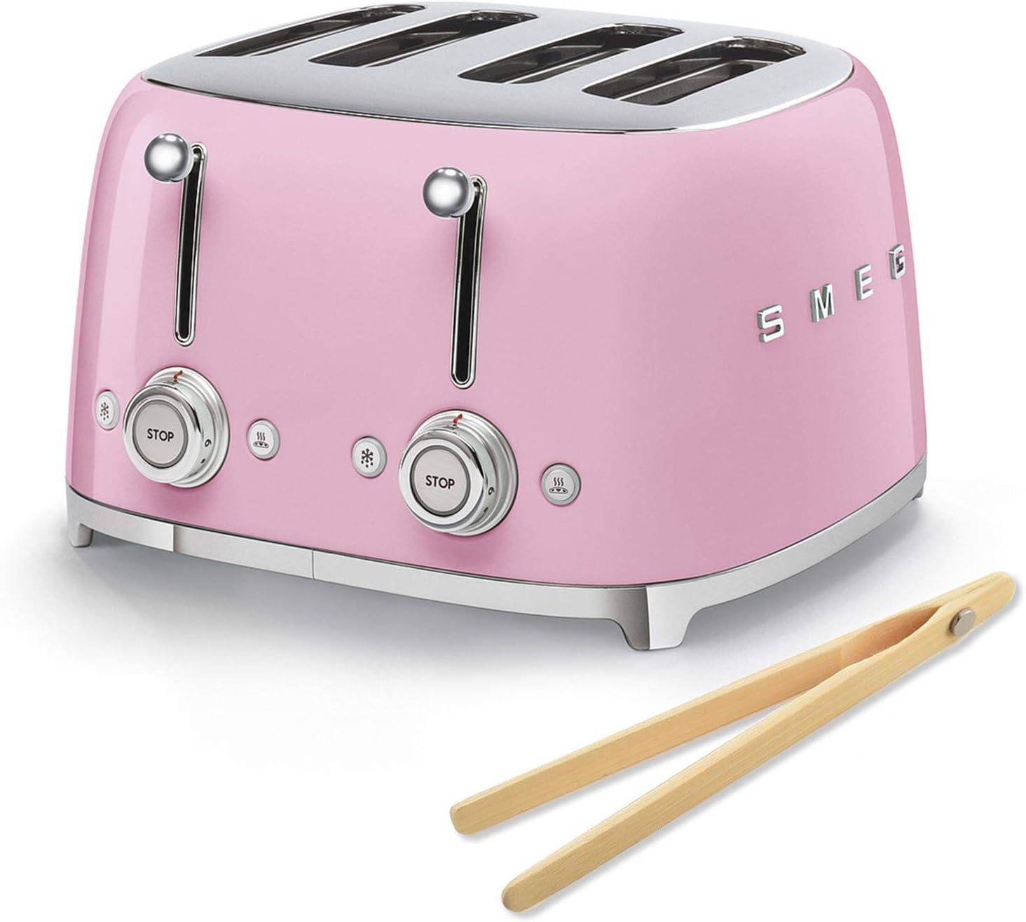 Smeg 50s Retro 4-Slot Toaster TSF03PKUS Bundle with Bamboo Tongs - Pink