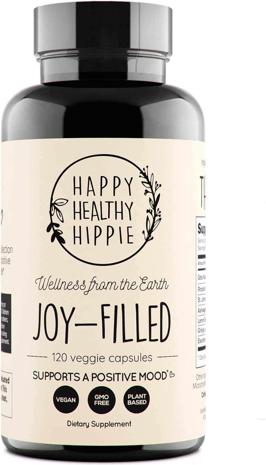 Joy-Filled Mood Support Supplement - 7 Herb Complex w\/St. Johns Worts (120 Ct) | Stress Relief Supplement with Rhodiola Rosea, Eleuthero | Helps Calm The Mind & Body | 100% Plant-Based Happy Pills