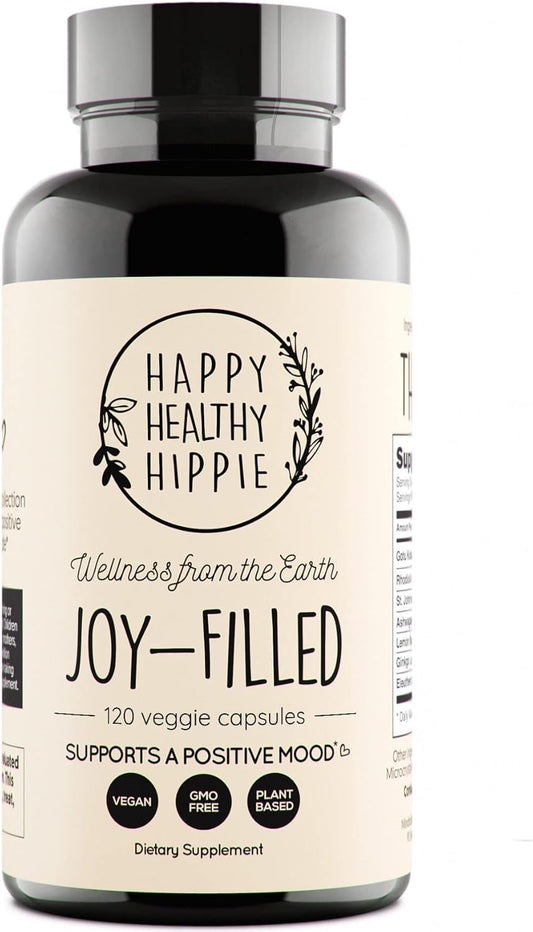 Joy-Filled Mood Support Supplement - 7 Herb Complex w\/St. Johns Worts (120 Ct) | Stress Relief Supplement with Rhodiola Rosea, Eleuthero | Helps Calm The Mind & Body | 100% Plant-Based Happy Pills