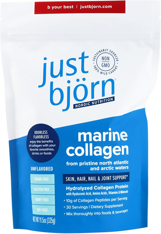 Just Bjorn Marine Collagen Peptides Powder for Women & Men - Skin, Hair, Nail and Joint Support - Hyaluronic Acid, Vitamin C, Amino Acids - Unflavored (30 Servings \/ 11.5 Ounce)