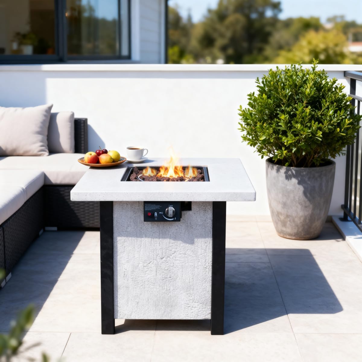 28-inch Square Propane Fire Pit Table, 50,000 BTU Outdoor Patio Heater with Realistic Charcoal Texture & Cover, Creamy White CSA Certified Gas Fire Pit for Garden