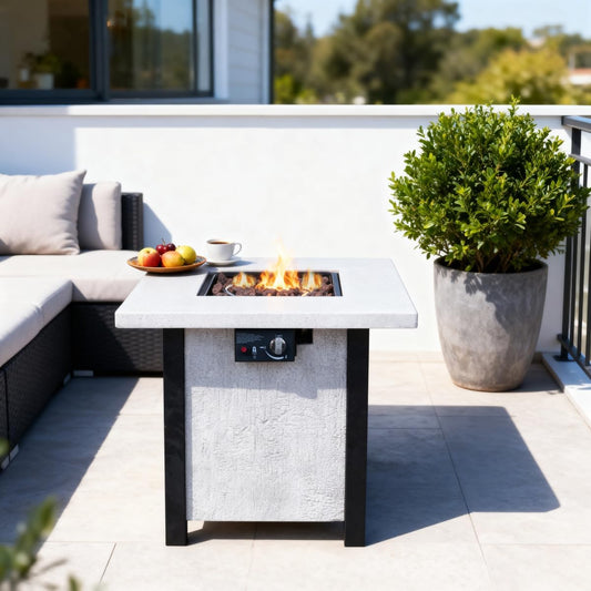 28-inch Square Propane Fire Pit Table, 50,000 BTU Outdoor Patio Heater with Realistic Charcoal Texture & Cover, Creamy White CSA Certified Gas Fire Pit for Garden