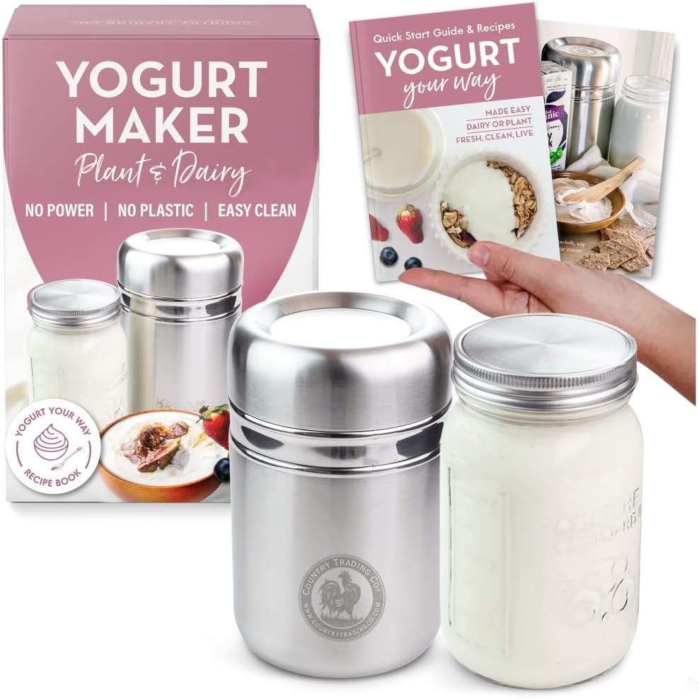 Stainless Steel Yogurt Maker with 1 Quart Glass Jar and Complete Recipe Book to Make 12+ Easy Homemade Dairy Free and Milk Yogurts