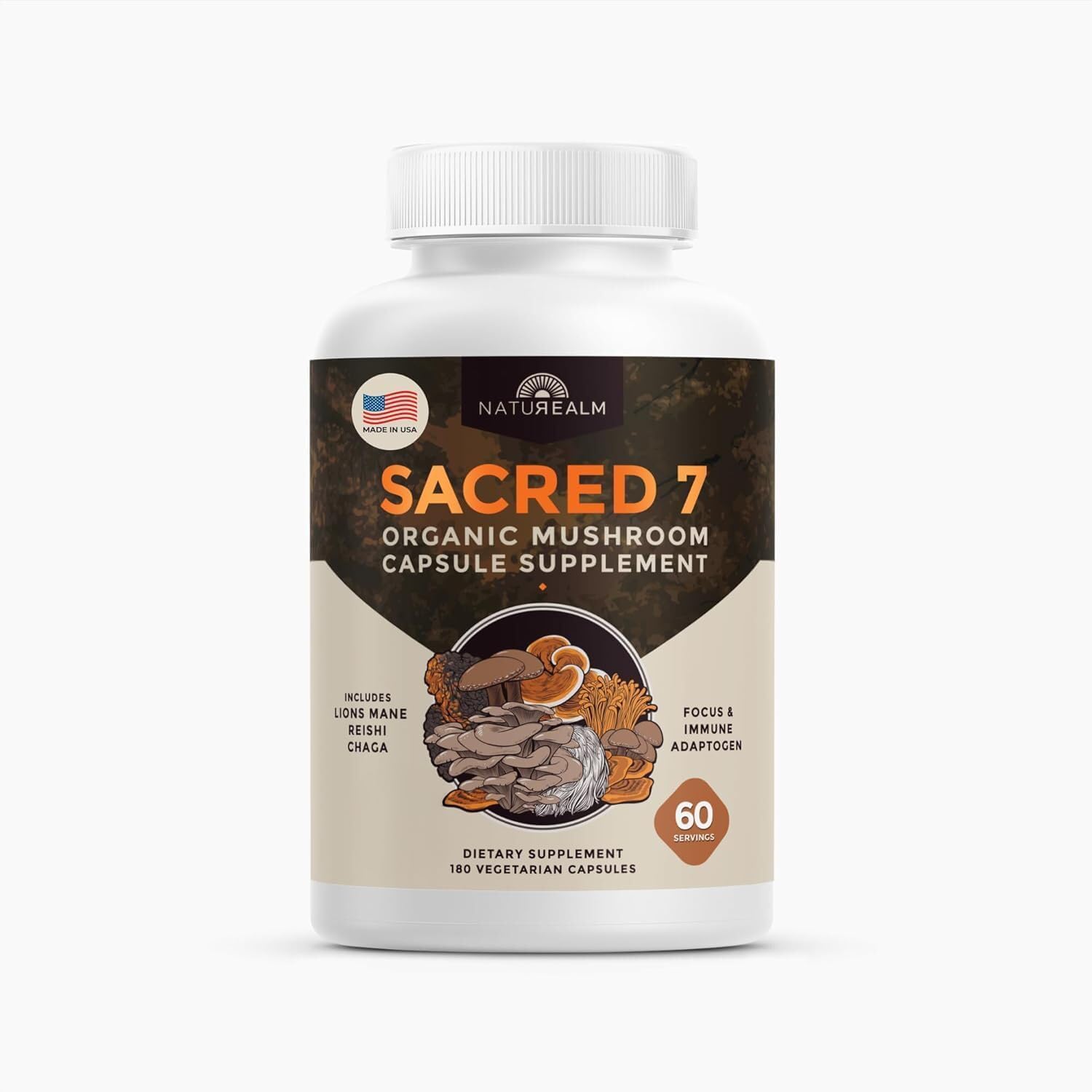 Naturealm Sacred 7 Organic Mushroom Extract Capsules - Premium 7 Mushroom Supplement with Lions Mane, Reishi, Chaga - Immune Support & Focus - 180 Vegetarian Capsules