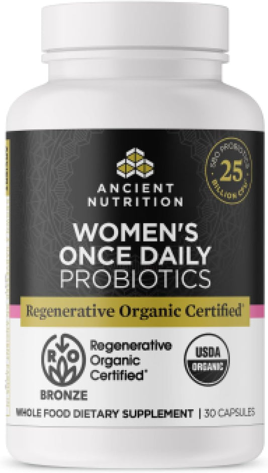 Ancient Nutrition Regenerative Organic Certified Probiotics for Women, Probiotics Women\u2019s Once Daily, for Healthy Digestion and Immune System Function Support, 25 Billion CFUs* Per Serving, 30 Count