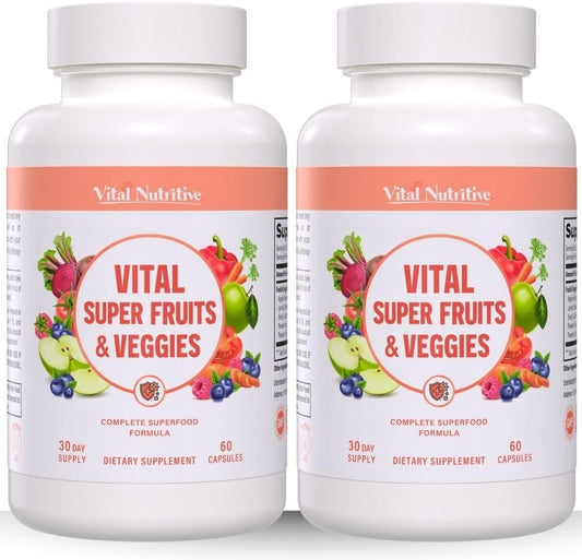 Vital Super Fruits & Veggies - Daily Superfood Capsules for Adults - Fruit & Vegetable Supplements to Boost Immunity & Energy - 2-in-1 Formula for Overall Wellness