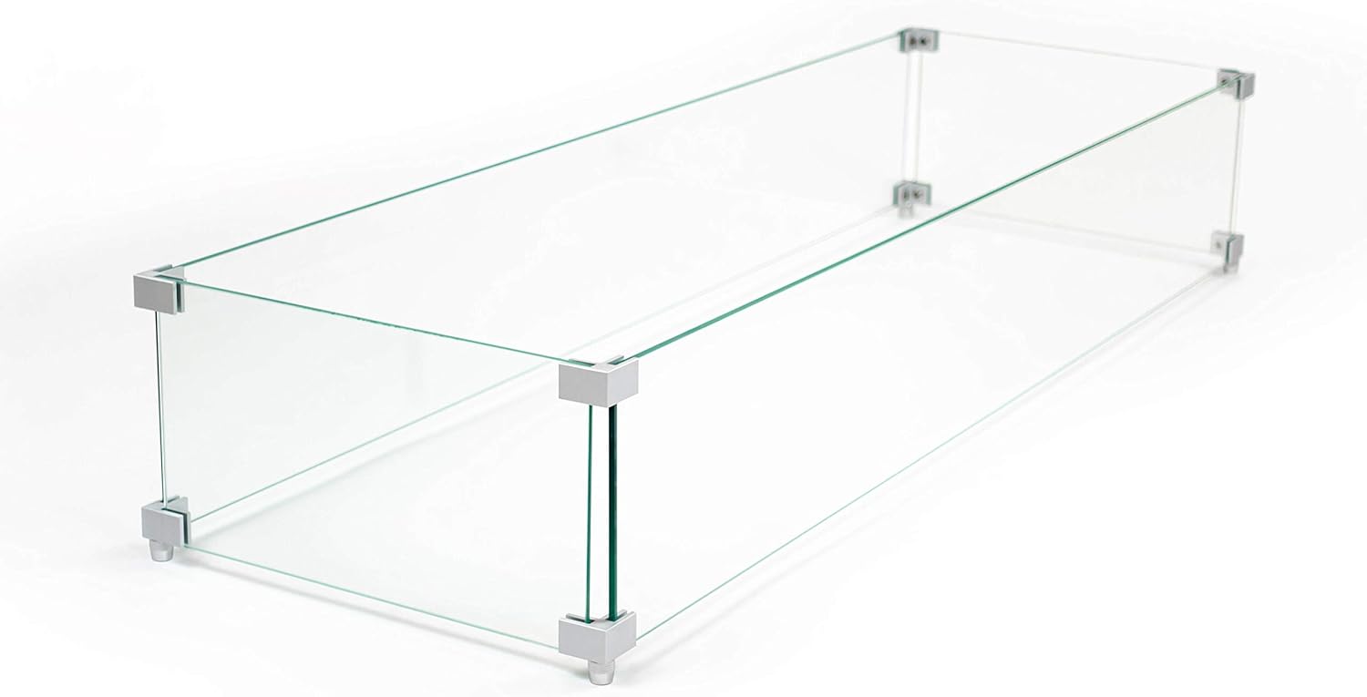 AMS Fireplace | Fire Pit Table Square/Rectangular Tempered Glass Wind Guard-Fire Flame Guard 1/4" Thick Wind Guard - Flame Guard ((43" Long x 13" Wide x 7 High) SS Hardware)