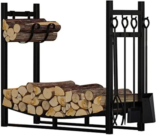 Firewood storage rack Log Rack with Kindling Holder and 4 Tools Set Black Iron Firewood Storage Organizer Shelf 34x13x30