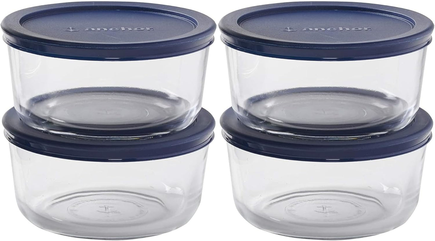 Anchor Hocking SnugFitTM Round Food Storage Containers with Lids (4-Piece, 7-cup, Navy Blue, oven-safe)