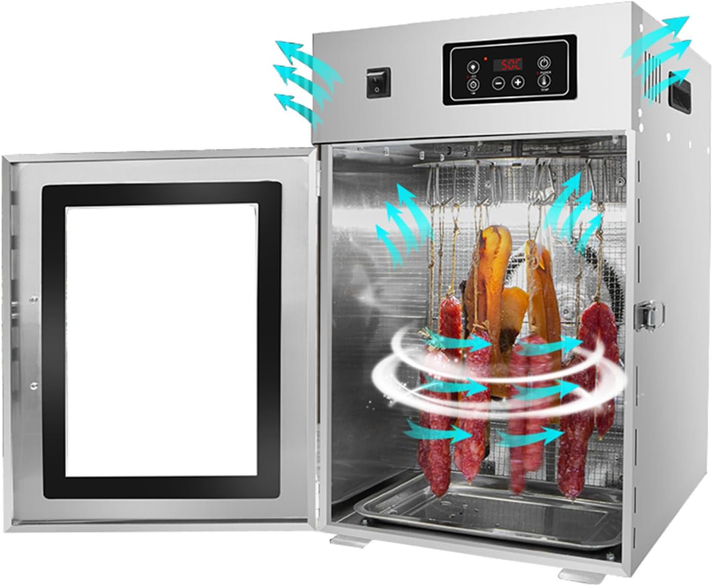 360° Rotating Commercial Food Dryer, Food Dehydrator, Meat Curing Chamber Box, Stainless Steel Sausage Dryer with Adjustable Thermostat 30-90°C and 24 Hour Digital Timer