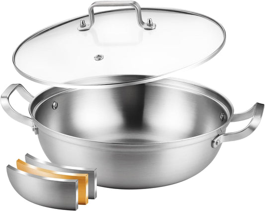 DELARLO Tri-Ply Stainless Steel 11 inch Everyday Pan with Lid, Kitchen Induction Deep Saute Pan,shabu shabu pot High Side Cooking Pot 3.5QT, Oven Safe Stock Pot, Up to 600℉