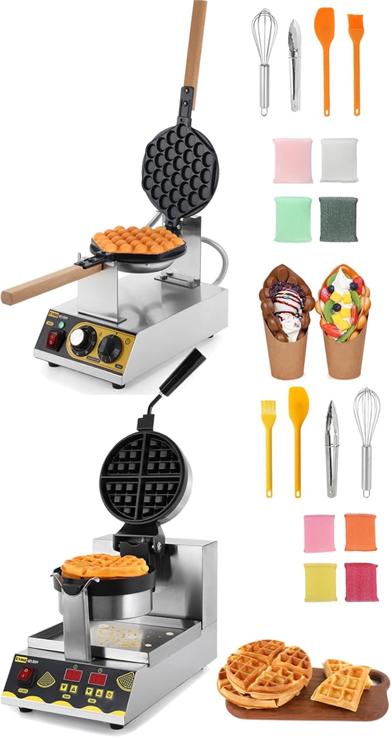 Dyna-Living 1200W Commercial Belgian Waffle Maker & 1400W Bubble Waffle Maker Commercial Bubble Waffle Iron