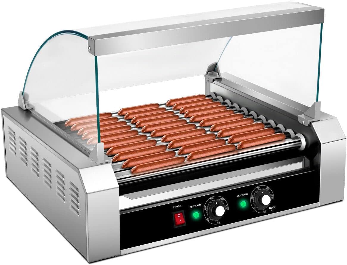 Commercial 30 Hot Dog 11 Roller Grill Cooker Machine W/Cover, Grey, 23''x19''x17''(LxWxH)