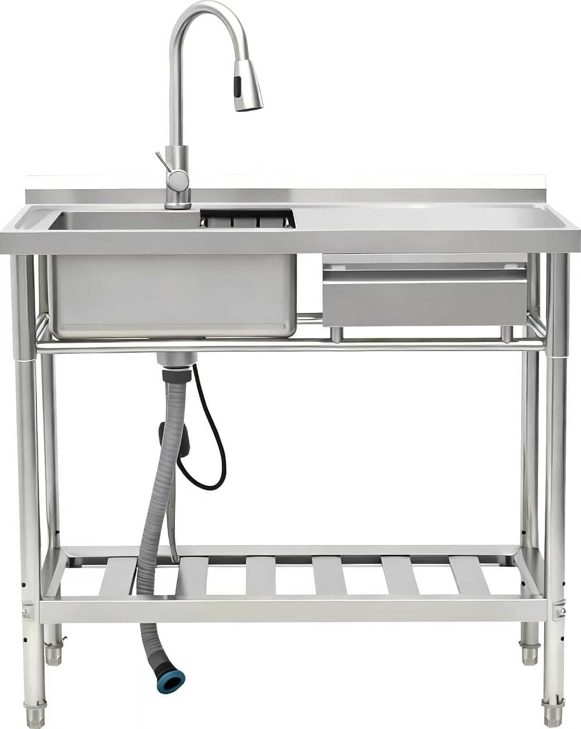 Free Standing Watersink, 39" Utility Sink with Pull-Down Faucet, Storage Rack, Stainless Steel Commercial sink with one drawer