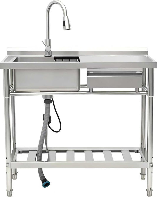 Free Standing Watersink, 39" Utility Sink with Pull-Down Faucet, Storage Rack, Stainless Steel Commercial sink with one drawer